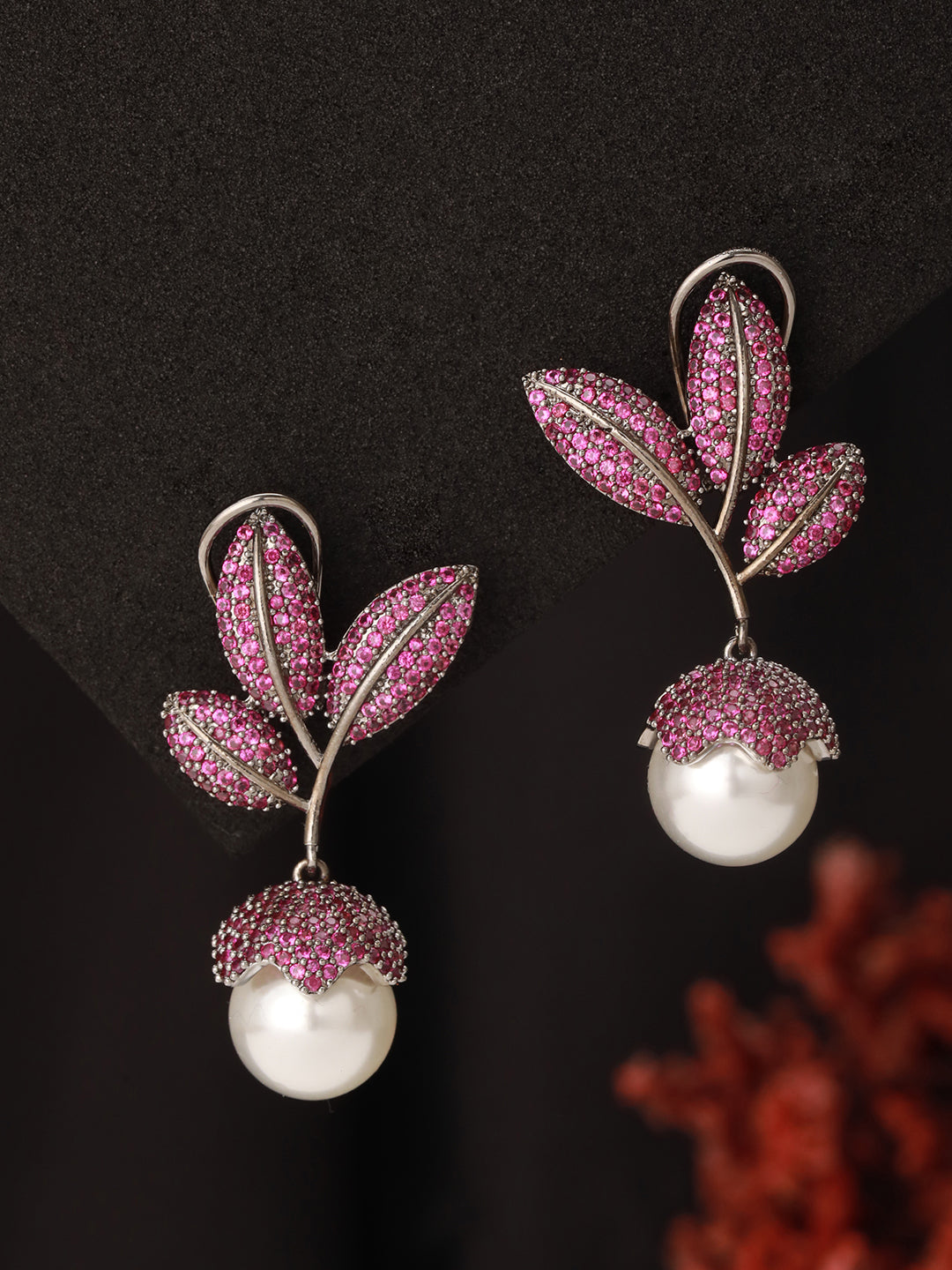 Silver Plated Red AD & Pearl Studded Luxe Designer Floral Designer  Earrings